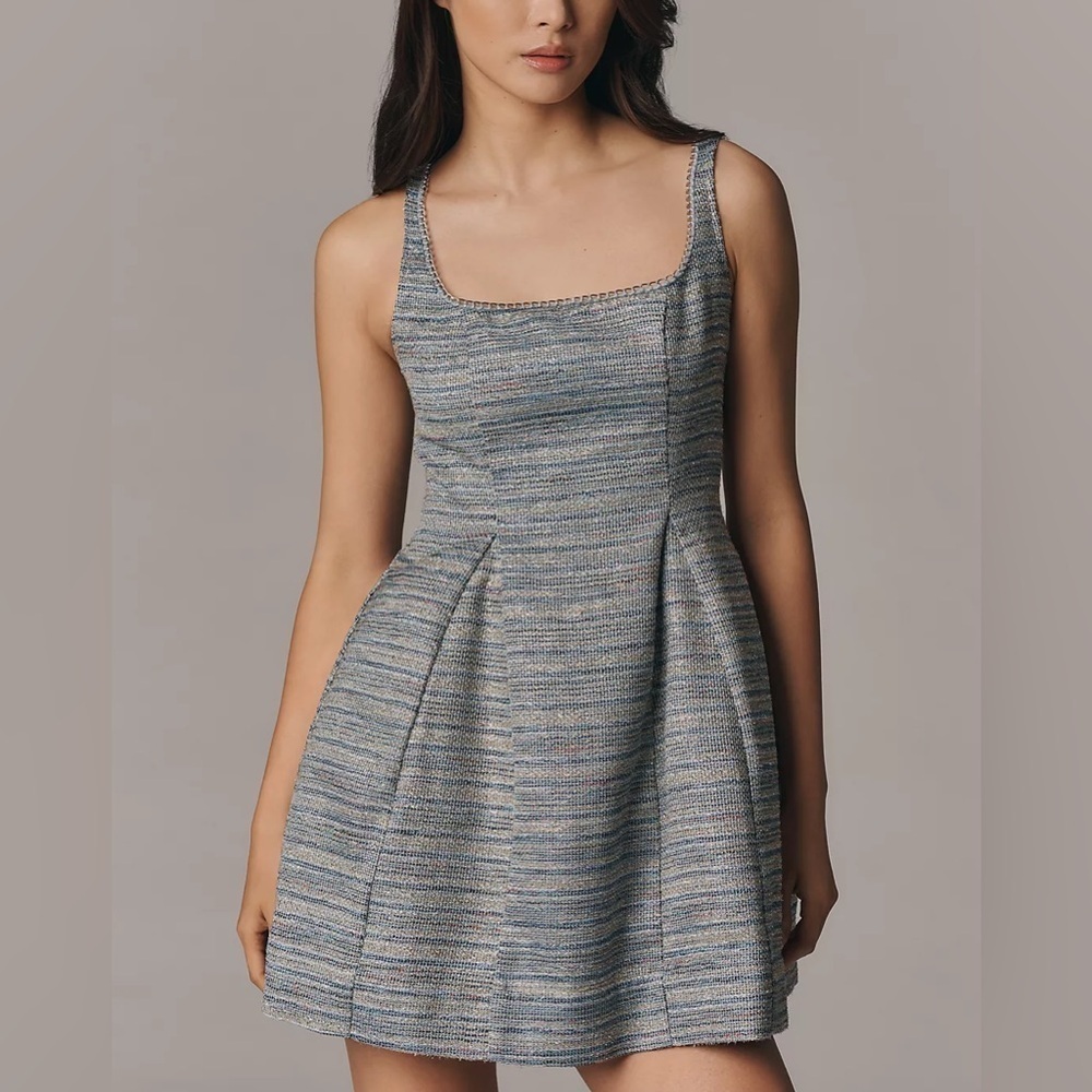 Anthropologie Maeve Sleeveless Square-Neck Fit & Flare Mini Dress Silver Tweed